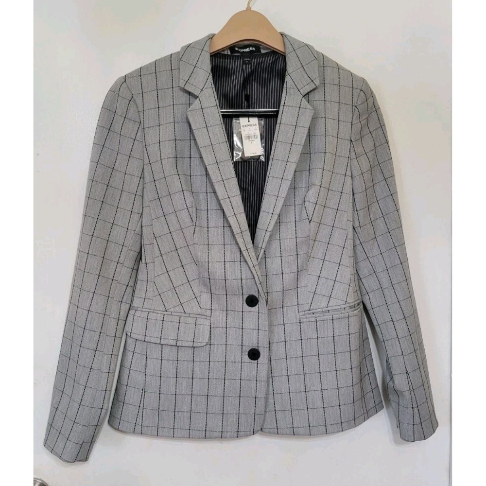 Women's Express Stretch Black Windowpane Plaid Double-Button 8‎ Blazer Jacket